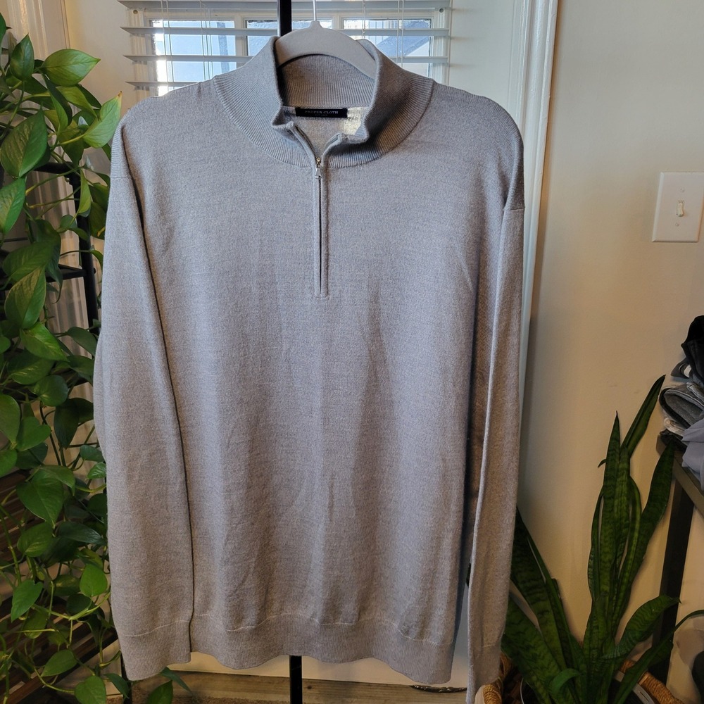 Proper Cloth Mens XXL Merino Silk Quarter Zip Sweater Light Grey Heather FLAW